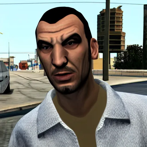 Prompt: niko bellic as a character in GTA vice city, game screenshot