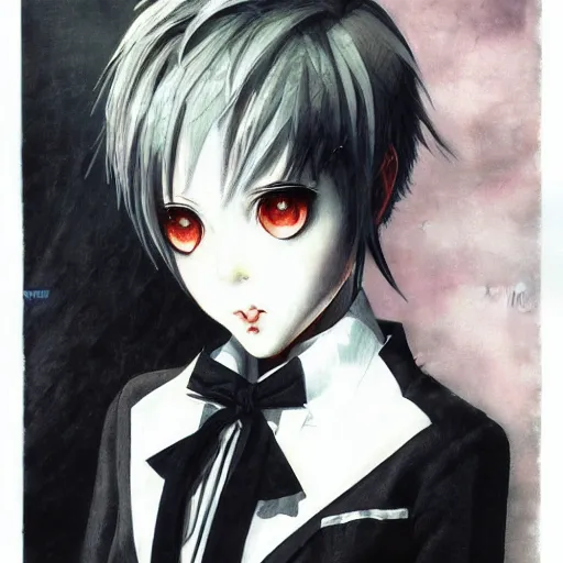 Image similar to Yoshitaka Amano realistic illustration of an anime girl with short white hair and black eyes wearing tuxedo, black and white battle background from Earthbound game, film grain effect, highly detailed, Renaissance oil painting