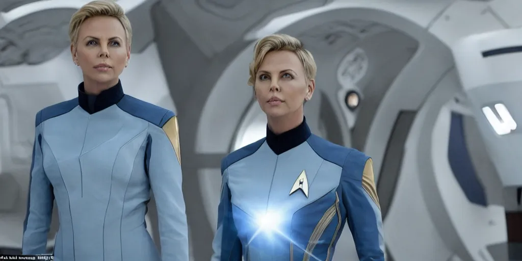 Image similar to Charlize Theron, in full starfleet uniform, is the captain of the starship Enterprise in the new Star Trek movie