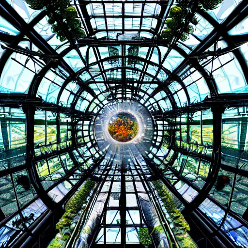 Image similar to a cinematic view of the inside of a fractal combustion engine, large indoor greenhouse with exotic plants, retrofuturism, scifi art, oil on canvas, biodome, stars in the sky above