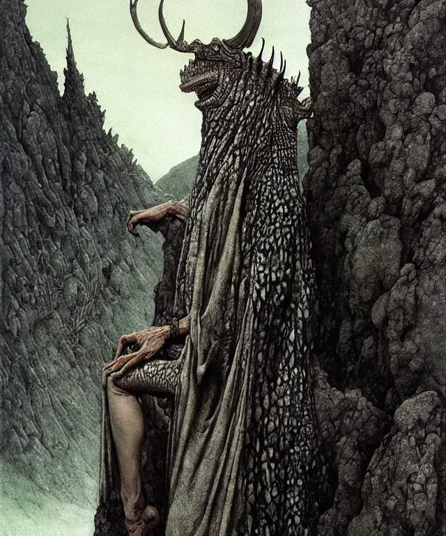 Image similar to A detailed horned crocodilewoman stands among the hills. Wearing a ripped mantle, robe. Perfect faces, extremely high details, realistic, fantasy art, solo, masterpiece, art by Zdzisław Beksiński, Arthur Rackham, Dariusz Zawadzki