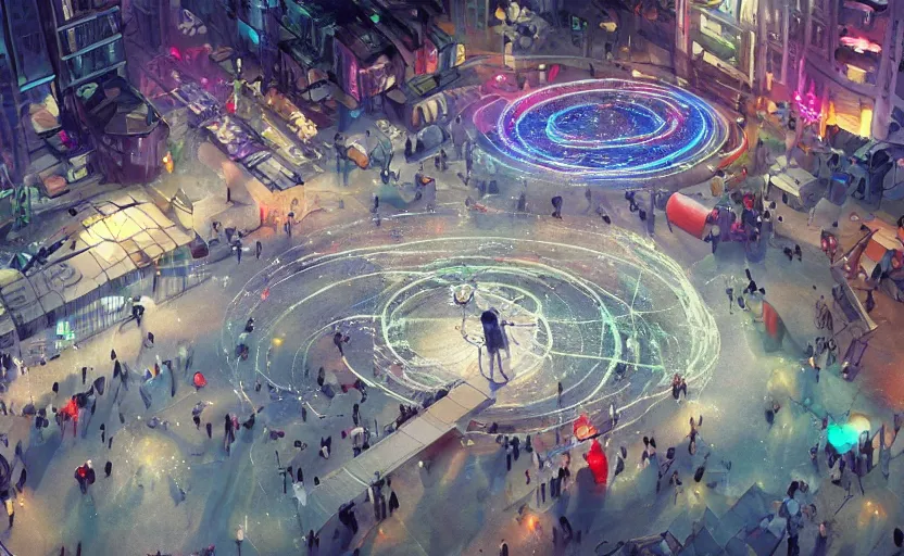 Prompt: pepople and a spiral - shaped white luminous attractor is floating on the ground in soviet city, concept art, art for the game, professional lighting, art painted in street style