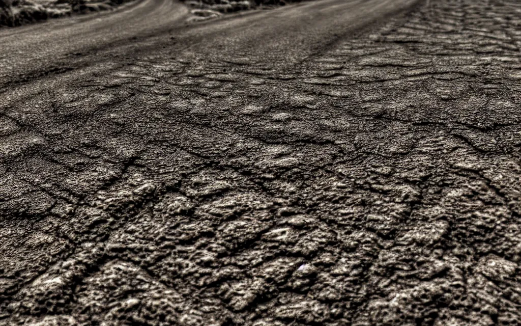 Prompt: close up of a dirt road, rock texture, high contrast cinematic lighting, ambient occlusion render, duotone, detailed