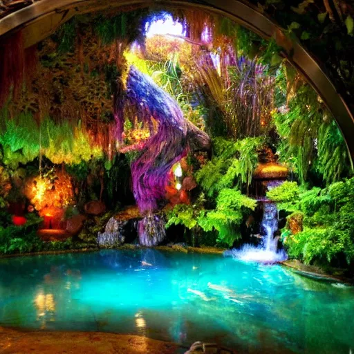 Prompt: beautiful lush magical enchanted serene cozy watery grotto