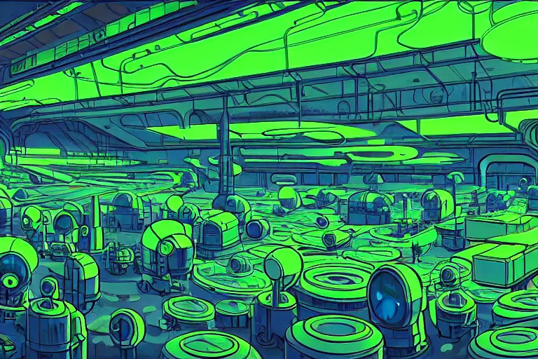 Image similar to a scifi illustration, factory interior. seen from above. vats of neon green fluid. in FANTASTIC PLANET La planète sauvage animation by René Laloux, line brush