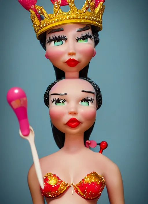 Image similar to closeup face profile portrait of a tin toy fairytale princess wearing a crown eating cakes, bikini, depth of field, zeiss lens, detailed, symmetrical, centered, fashion photoshoot by dan decarlo, bob clampett, bill ward, max fleischer hyperrealistic, octane render
