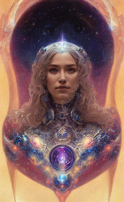 Image similar to portrait of a cosmic goddess, suit made out of stars and galaxies and cosmic energy, intricate, headshot, highly detailed, digital painting, artstation, concept art, sharp focus, cinematic lighting, illustration, art by artgerm and greg rutkowski, alphonse mucha, cgsociety