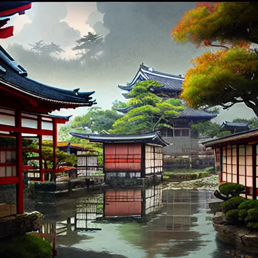 Image similar to old japanese town with garden viewed from harbor, d & d digital painting, ultra realistic, beautiful, volumetric lighting, warm colors advance, cell shading, by james jean, greg rutkowski,