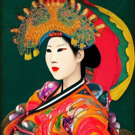 Prompt: impressive colorful portrait of a high fashion wudan girl in a chinese opera headdress, renaissance painting