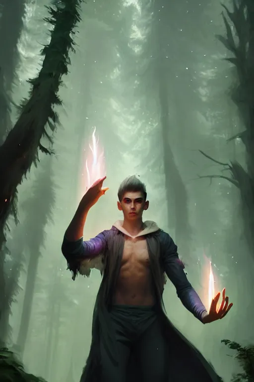 Prompt: a human elemental sorcerer, forest setting, colorful magic, male, white skin, young, sharp focus, concept art, dynamic lighting, unreal engine, by greg rutkowski, emylie boivin and kyle herring