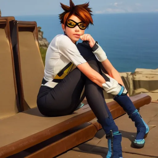 Prompt: Tracer from Overwatch relaxing after a day of hard work