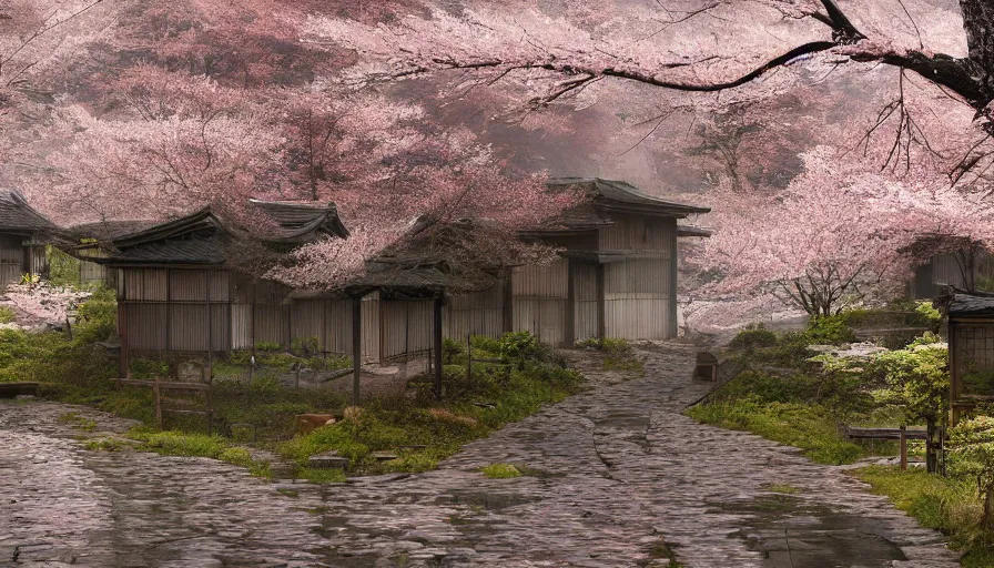 Image similar to abandoned japanese village, cherry blossoms, rainy day, hyperdetailed, artstation, cgsociety, 8 k