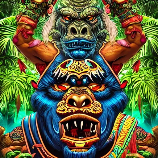 Image similar to barong family member at pool party, wiwek, mara demon, one single tribe member, jungle, one single mask, dark, ancient warrior, gorilla, lizard, tribal, inner glow, art by dan mumford and justin gerard