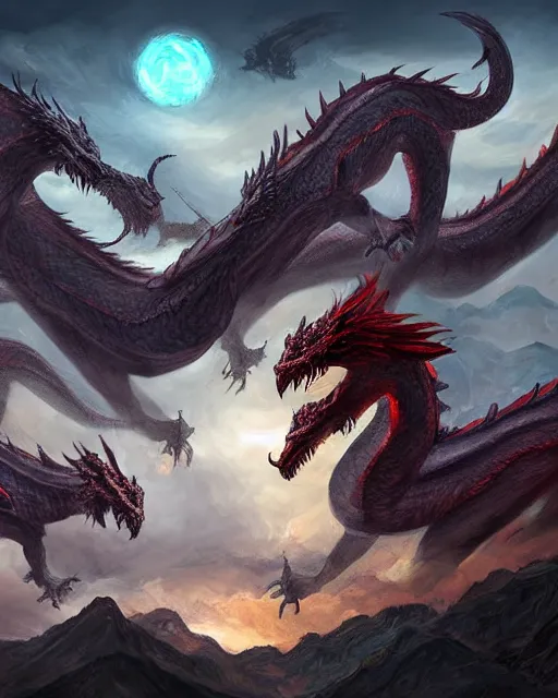Image similar to an epic action concept masterpiece of an exquisite three headed dragon, inspired by sd ai. digital art