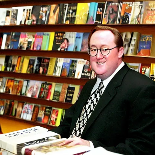 Prompt: 2 0 0 3 john lasseter wearing a black suit and necktie and [ [ black shoes ] ] sitting in a bookstore at a round table. there are books being displayed on the table