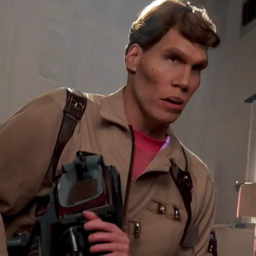 Image similar to Live Action Still of Jerma in Ghostbusters, real life, hyperrealistic, ultra realistic, realistic, highly detailed, epic, HD quality, 8k resolution, body and headshot, film still