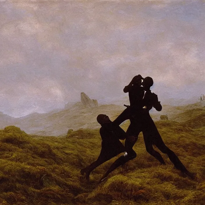 Image similar to adult dark - skinned man choking woman on the moorland, painting by caspar david friedrich