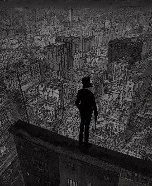 Image similar to human standing on top of the building, watching the city skyline calmly glowing on the background, inspired by isaac levitan, noir comics esthetics, sharp focus, less detailed, 8 k, high resolution