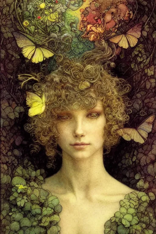 Image similar to headshot portrait of a beautiful faerie, golden ratio, detailed, rainbowshift, by jean - baptiste monge, maxfield parrish, john william waterhouse, brian froud