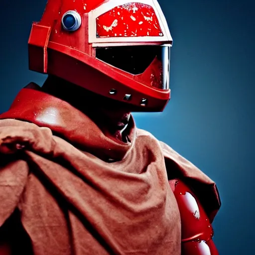 Image similar to a towering soldier, wearing blood - spattered glossy sleek white dinged scuffed armor and a long torn red cape, heroic posture, battle - weary, strained expression, determined expression, no helmet, on the surface of mars, dramatic lighting, cinematic, sci - fi, hyperrealistic, detailed