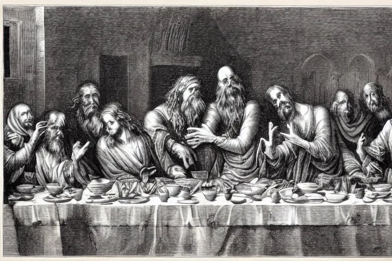 Prompt: very detailed ink drawing of the last supper with grim reaper sitting in the middle of the table by gustave dore, poster, fine art, etching, biblical