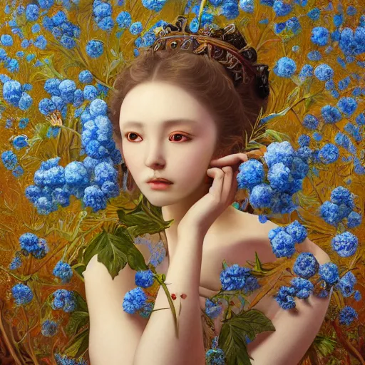 Image similar to breathtaking detailed concept art painting of the goddess of nemophila flowers, orthodox saint, with anxious, piercing eyes, ornate background, amalgamation of leaves and flowers, by Hsiao-Ron Cheng, James jean, Miho Hirano, Hayao Miyazaki, extremely moody lighting, 8K