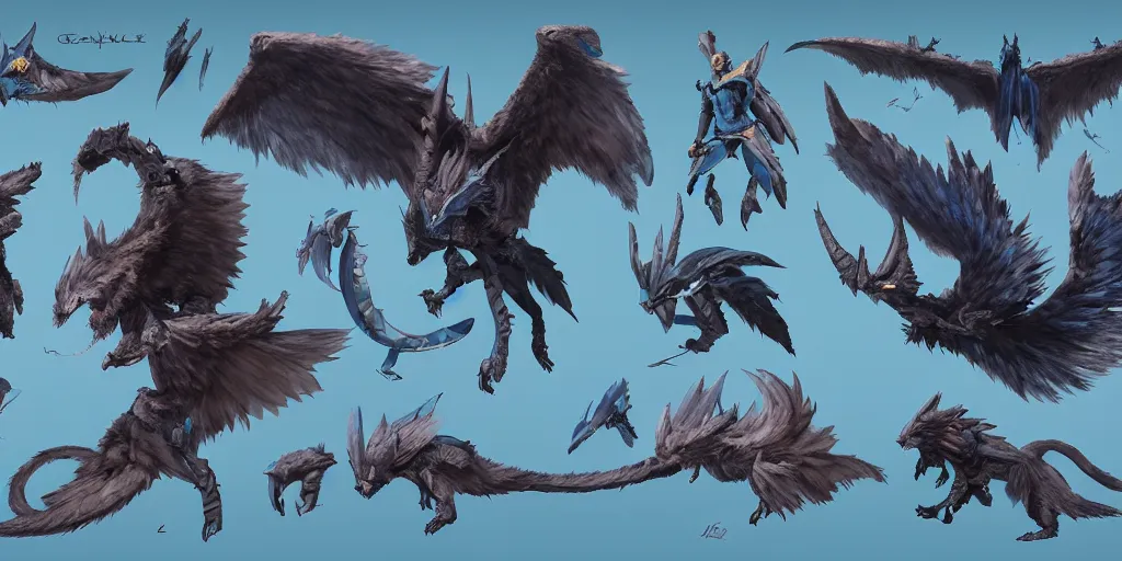 Image similar to Azure feathered winged wolf character design sheet, Monster Hunter Illustrations art book, big claws, huge wings, long tail, Moebius, Greg Rutkowski, Zabrocki, Karlkka, Jayison Devadas, Phuoc Quan, trending on Artstation, 8K, ultra wide angle, zenith view, pincushion lens effect.