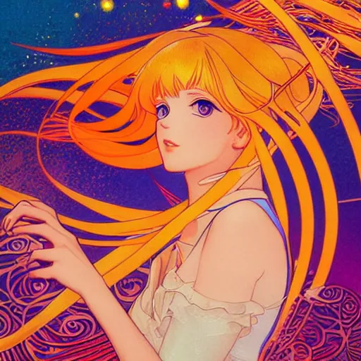 Prompt: the sailor venus. beautiful, synthwave, hyperrealistic, painting by mucha and kuvshinov, hard focus