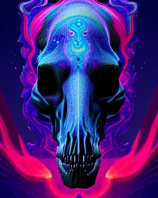 Image similar to 3 d ornate carved dark cosmic horse with profile portrait, sigma 5 0 0 mm f / 5. beautiful intricate highly detailed horse skull. bioluminescent, plasma, lava, ice, water, wind, creature, thunderstorm! artwork by tooth wu and wlop and beeple and greg rutkowski, 8 k trending on artstation