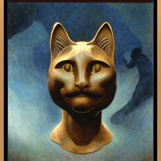 Image similar to masterpiece ancient bronze sculpture of a cat head, by annie swynnerton and diego rivera and nicholas roerich and jean delville and charlie bowater, symbolist, dramatic lighting, god rays, art brut, rich colors, smooth sharp focus, extremely detailed, adolf wolfli and ( donato giancola and bilibin )