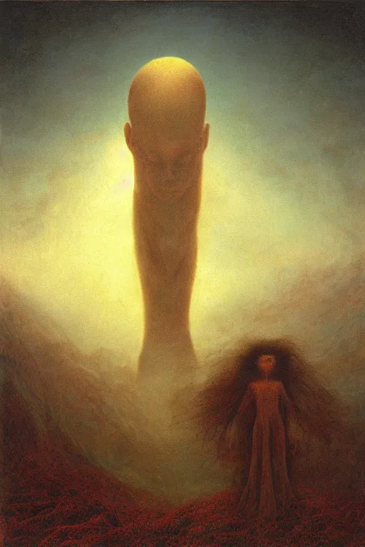 Image similar to tall terrifying humanoid beast looming over a tiny human in a surreal landscape at dusk, agostino arrivabene