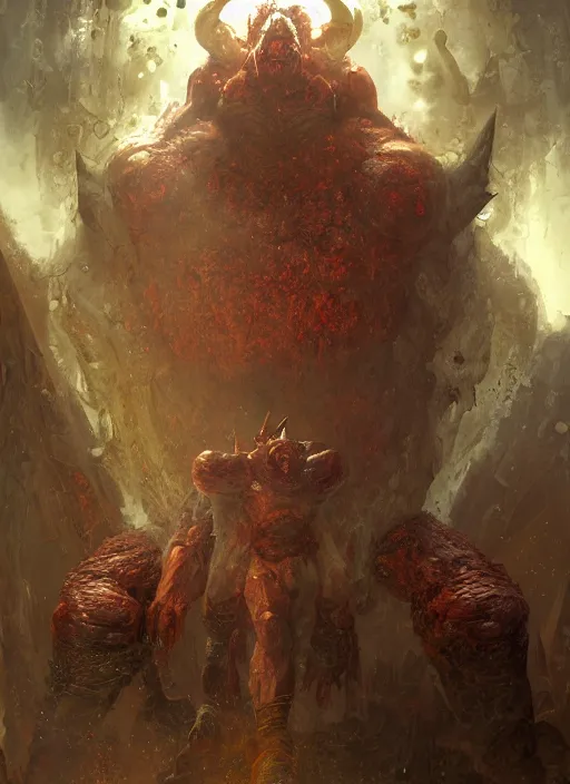 Image similar to huge hulking brute demon king wide shoulders, small evil head, vascular hands, muscular arms, wearing cape sitting on throne in science fiction hall, by sergey kolesov and lawrence alma tadema and norman rockwell and greg staples and craig mullins and john berkey and ruan jia, artstation creature art