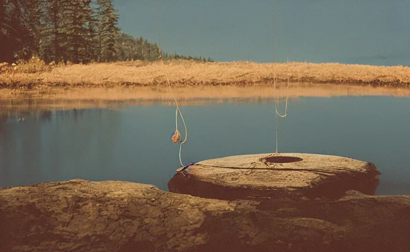 Prompt: cinematic still screenshot detailed photo of a moody lake with a rope floating in the center, shot by saul leiter, camera height 7 feet, moody cinematography, 2 4 mm anamorphic lens