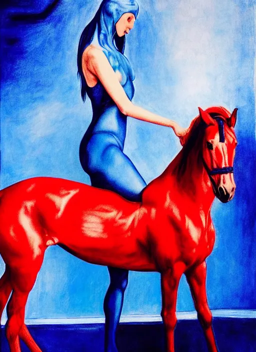 Image similar to only with blue, ney motogrosso in love with a red stallion, too many hands in all directions, in hoc signo vinces, waterfall, in the style of leonora carrington, gottfried helnwein, intricate composition, blue light by caravaggio, insanely quality, highly detailed, masterpiece, red light, artstation