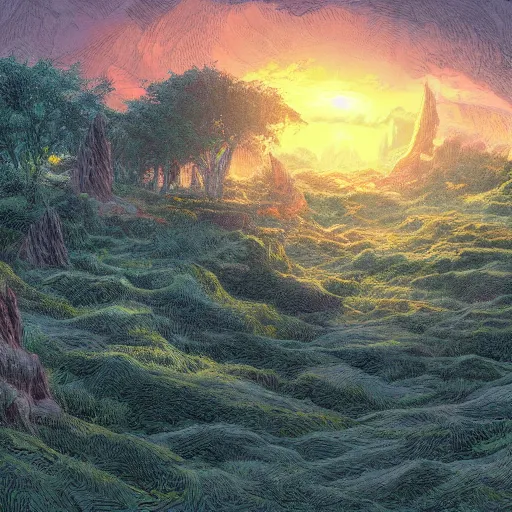 Prompt: Highly detailed landscape during sunset in the style of Jim lee, 4k
