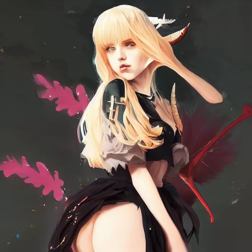 Image similar to a beautiful anime girl with black horns, blond hair and bat wings,full body painting, mini skirt, cute top,by Greg Rutkowski and Ilya Kuvshinov and Alphonse Maria Mucha,super clear detailed,hyper realistic,trending on artstation,4k,chromatic aberration