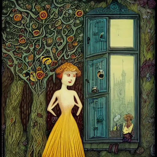 Image similar to a portrait of a woman standing infront of a window, she is happy and has lovely hair and eyes, a man is standing behind her with a look of suprise in his face, 🪴🌳🐝, 8 k, lowbrow, in the style of daniel merriam and alexander jansson,