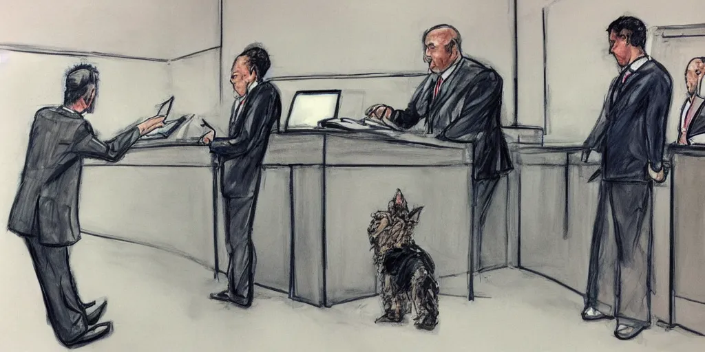 Image similar to a dog in a suit cross-examining a mailman, courtroom sketch