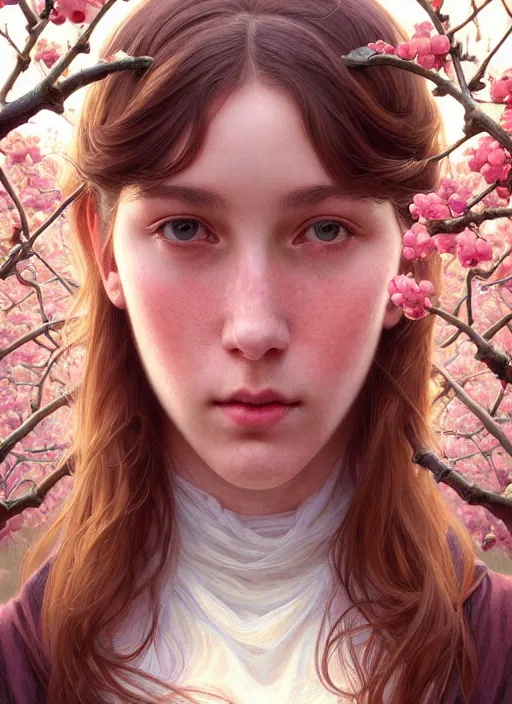 Image similar to symmetry!! portrait of young woman cursed with ever - increasing intelligence beauty and virtue, slice - of - life, realism, in apple orchard!! intricate, elegant, highly detailed, digital painting, artstation, concept art, smooth, sharp focus, illustration, art by artgerm and greg rutkowski and alphonse mucha