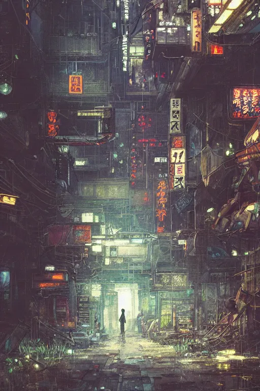 Image similar to vintage autochrome photo of ancient overgrown cyberpunk tokyo with robot by craig mullins, rutkowski, hiroshi yoshida, night, rain, flowers, beautifully lit, hyperdetailed, unreal engine, 3 d rendered, photorealistic, artstation, cgsociety