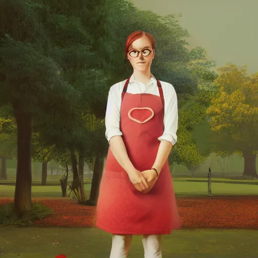 Image similar to a beautiful full body portrait of a young woman wearing an apron standing in a park, kantoku, james gilleard, very detailed, matte, gaussian blur, tone mapped
