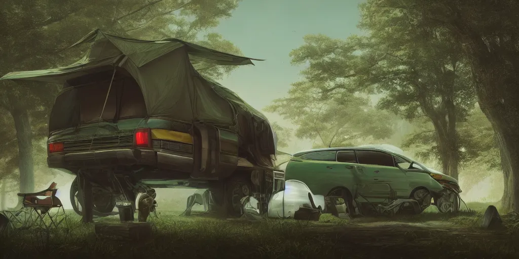 Prompt: knight camping next to green car, elegant scene, low angle, wide angle, indian forest, wide angle, cinematic, ultrarealistic, trending on artstation, cgsociety, highly detailed, color graded, rendered in unreal engine 4 k hq, matte painting, by simon stalenhag and hudson river school, horizon forbidden west