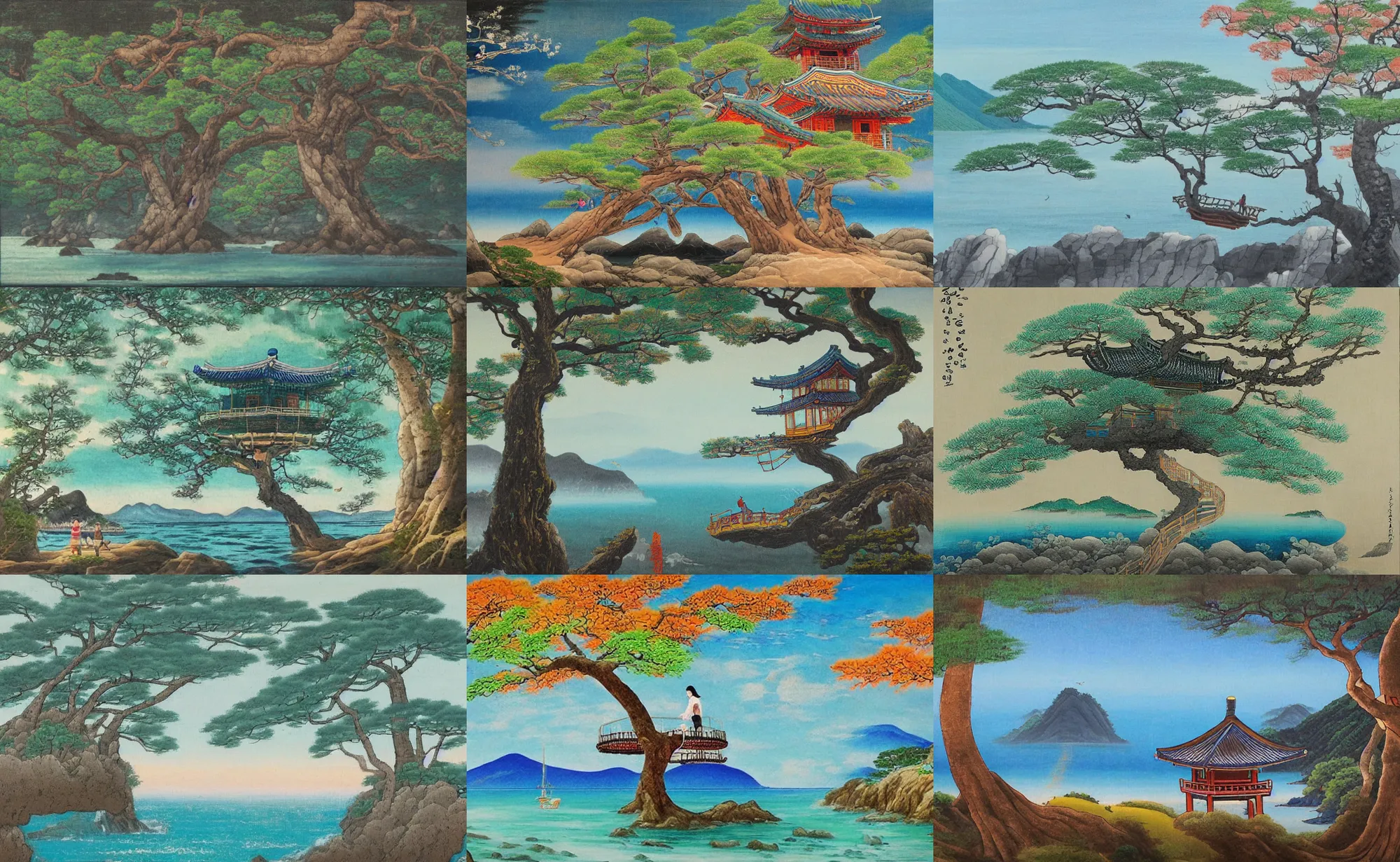 Prompt: korean painting of a mystical island treehouse on the ocean