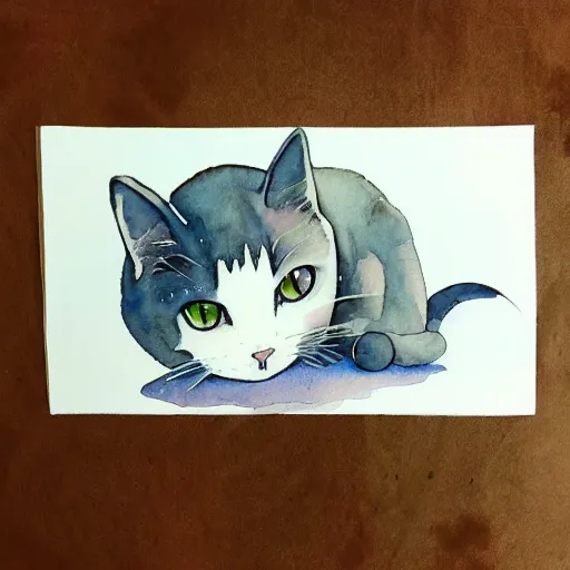 Image similar to a watercolour painting of a cute calico cat in style of ghibli