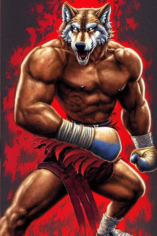 Image similar to extreme long shot. 8 bit nes graphics. antropomorphic muscular masculine wolf. kickboxer fighter, in shorts. wolf head. fine details, very sharp, art from nes game cartridge, marc simonetti and hermann nitsch