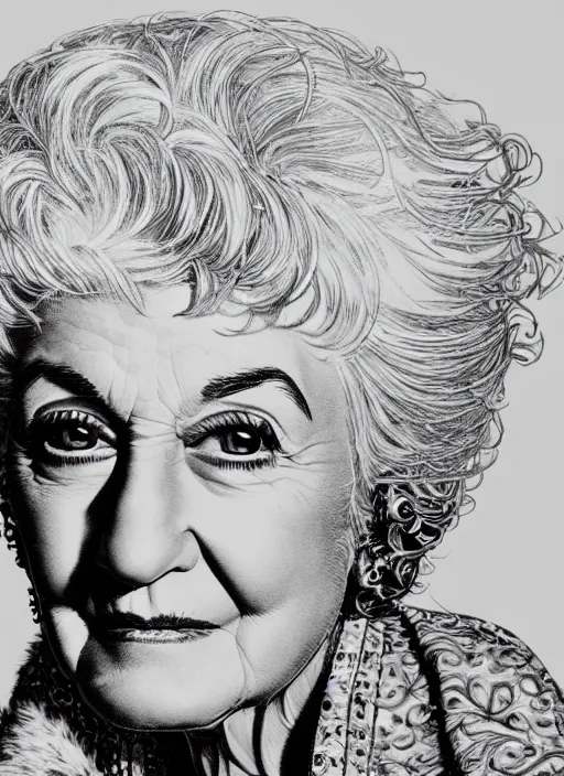 Image similar to highly detailed portrait of bea arthur, pen and ink illustration by simon bisley, global illumination, radiant light, detailed and intricate environment
