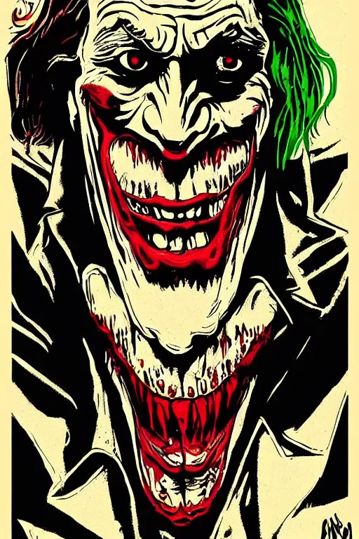 Image similar to Willem Dafoe as the Joker on a 1990s horror movie poster , vintage 90s print, detailed, scary, horrifying, screen print, trending on artstation