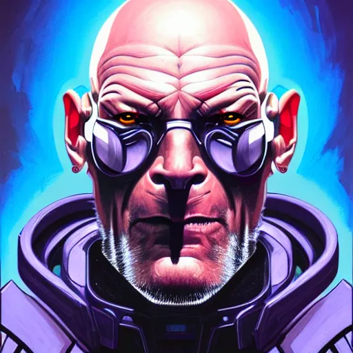 Image similar to portrait painting of a cyberpunk orc who looks like patrick stewart, shadowrun, sharp focus, award - winning, trending on artstation, masterpiece, highly detailed, intricate. art by josan gonzales and moebius and deathburger