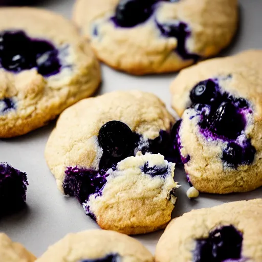 Image similar to blueberry cream cheese cookies, 8k, trending on artstation, professional photography