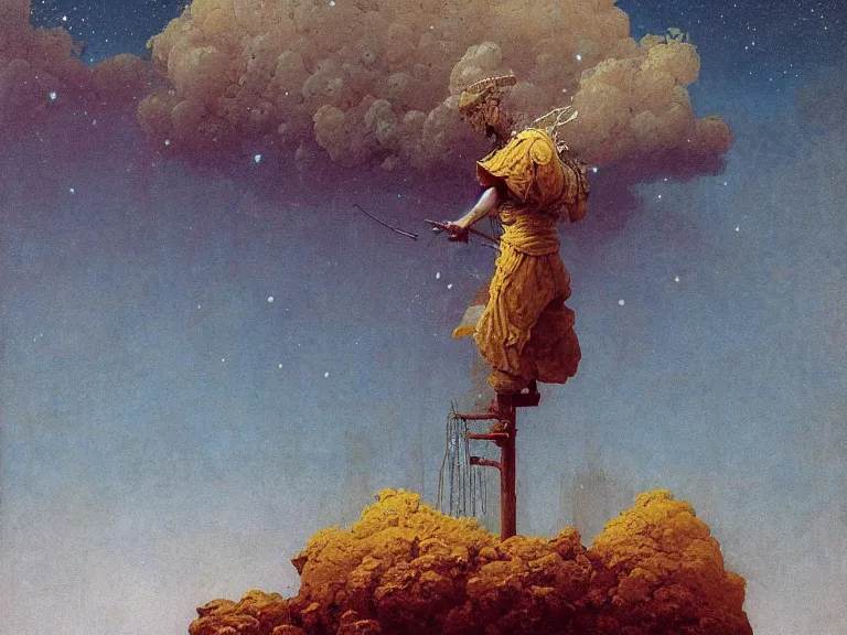 Image similar to a detailed profile oil painting of a men floating over a toiled, aurora lighting clouds and stars by beksinski carl spitzweg and tuomas korpi. baroque elements. baroque element. intricate artwork by moebius. Trending on artstation. 8k